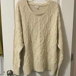 Crown & Ivy Cream Cable Knit Sweater with pearl accents